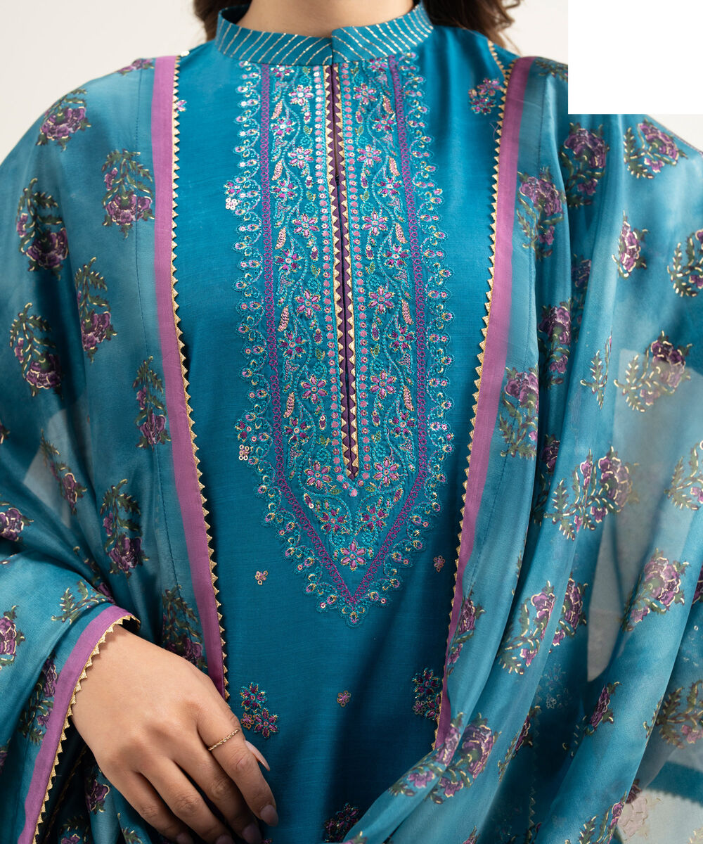 Women's Unstitched Blended Raw Silk Embroidered Blue 3 Piece Suit