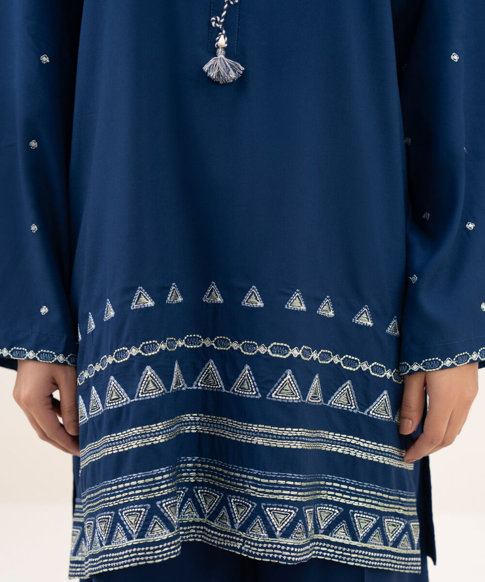 Women's RTW Viscose Linen Embroidered Blue Shirt