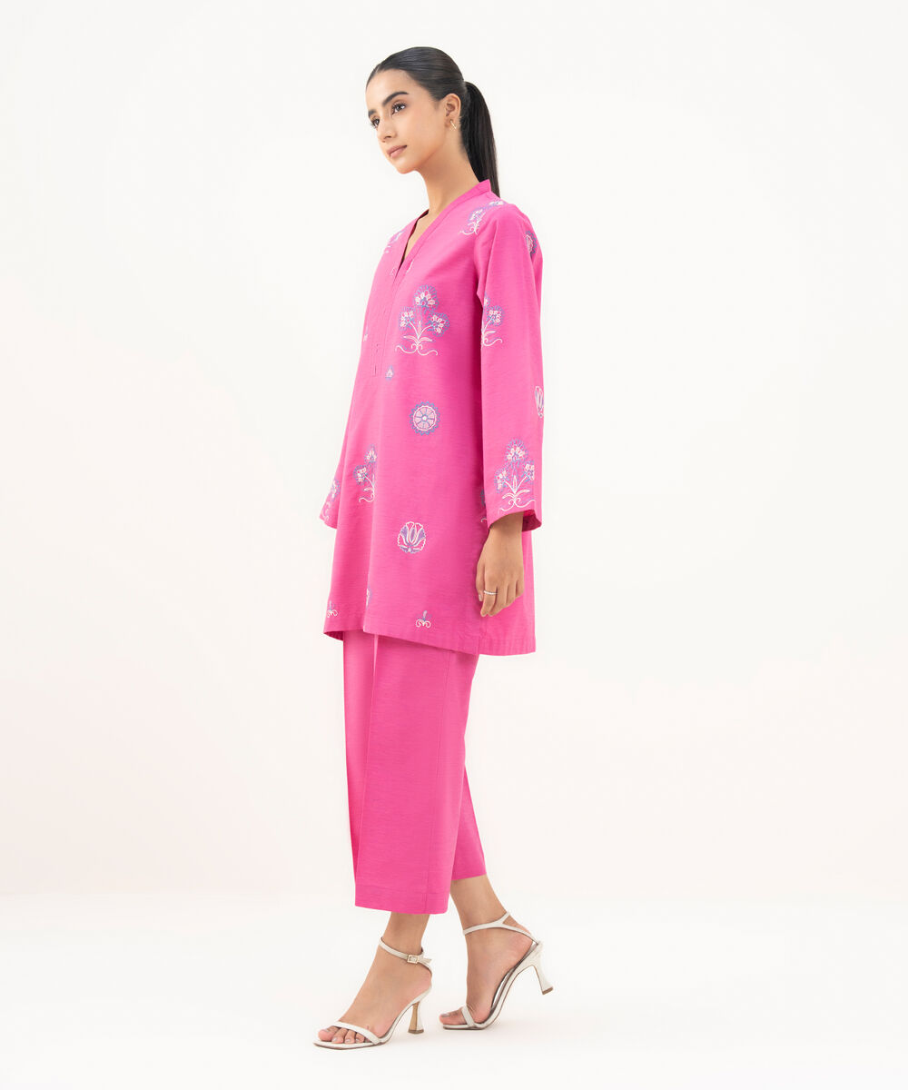 Women's RTW Textured Cotton Pink Embroidered A-Line Shirt