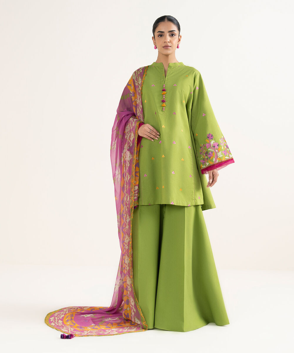 Women's Unstitched Cotton Viscose Embroidered Green 3 Piece Suit