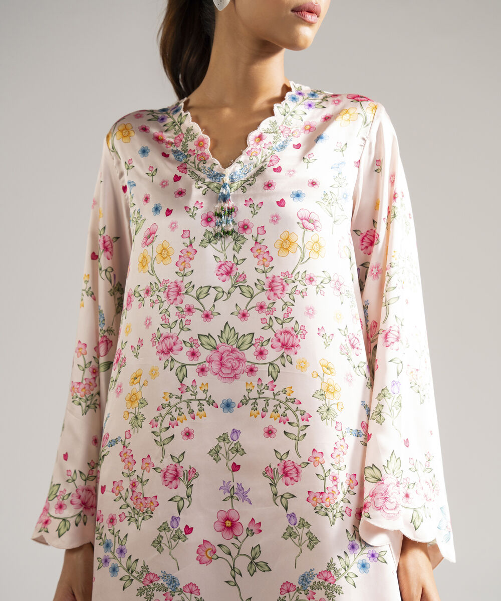 Women's RTW Blended Satin Printed Pink 3 Piece Suit