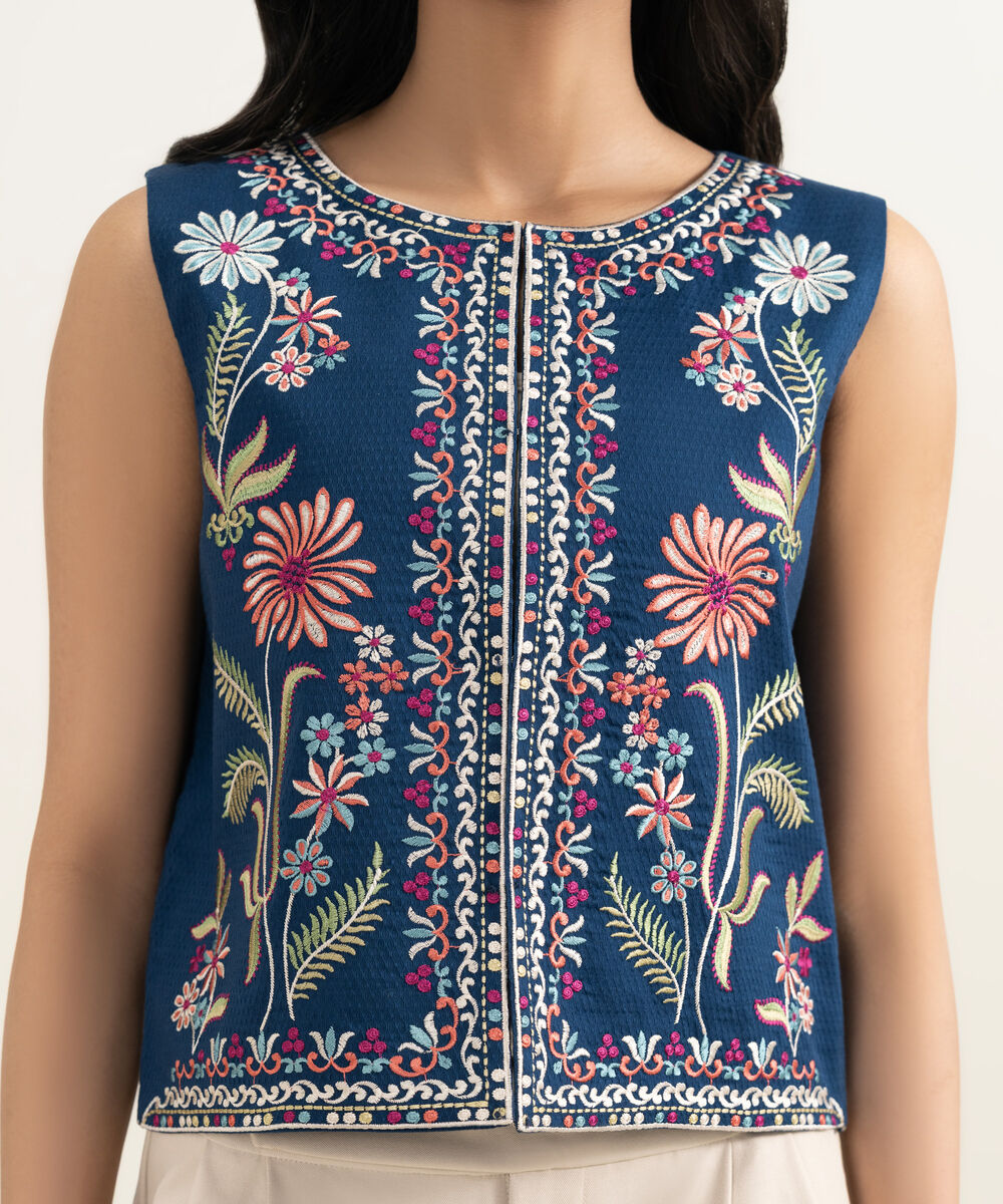 Women's RTW Dobby Embroidered Blue Waistcoat
