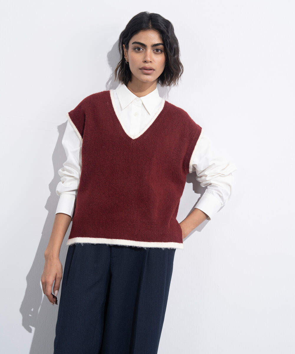 Women's Western Wear Maroon V-Neck Knit Sweater