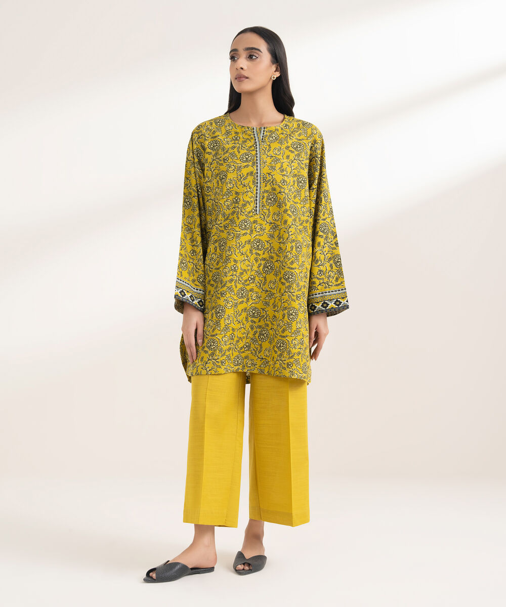 Women's RTW Khaddar Printed Yellow 2 Piece Suit