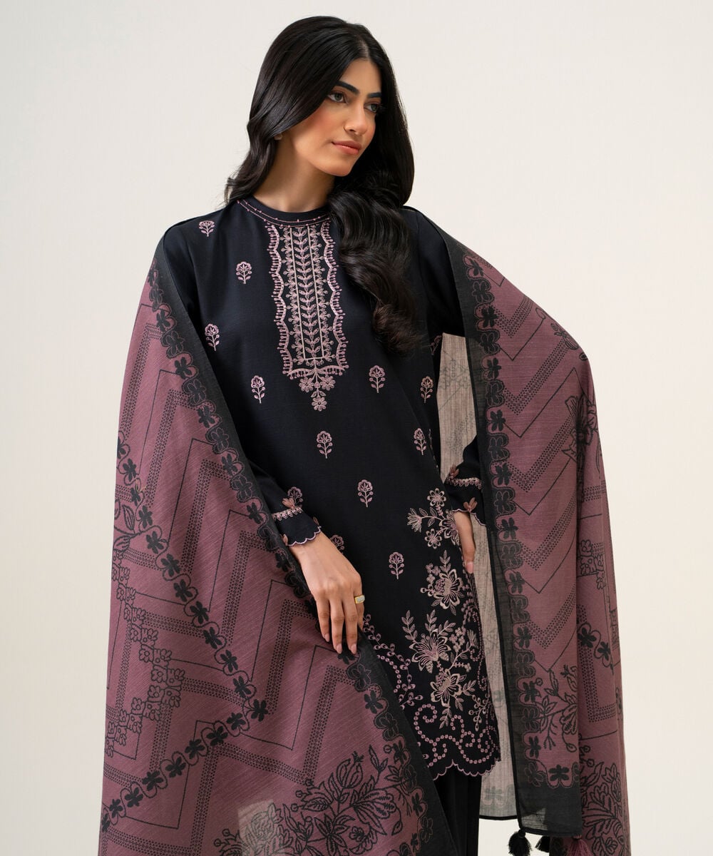 Womens Unstitched Light Khaddar Embroidered Black 3 Piece Suit