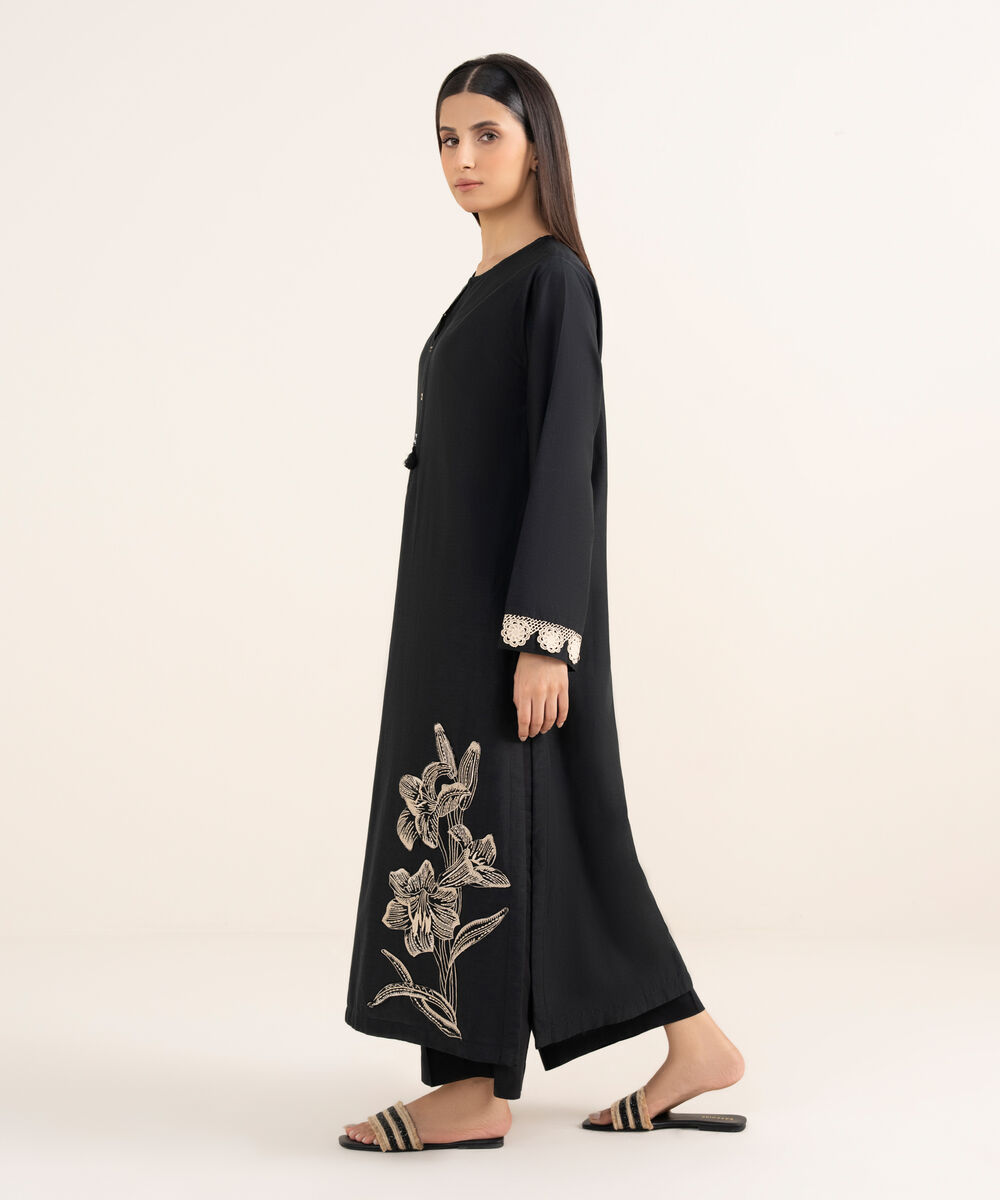 Women's RTW Lawn Viscose Black Embroidered A-Line Shirt