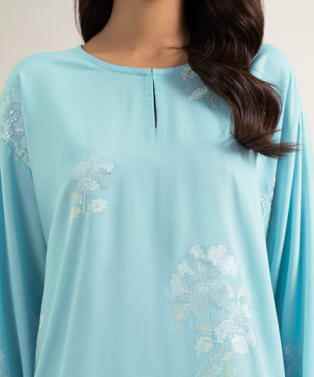 Women's RTW Cotton Viscose Embroidered Blue Straight Shirt