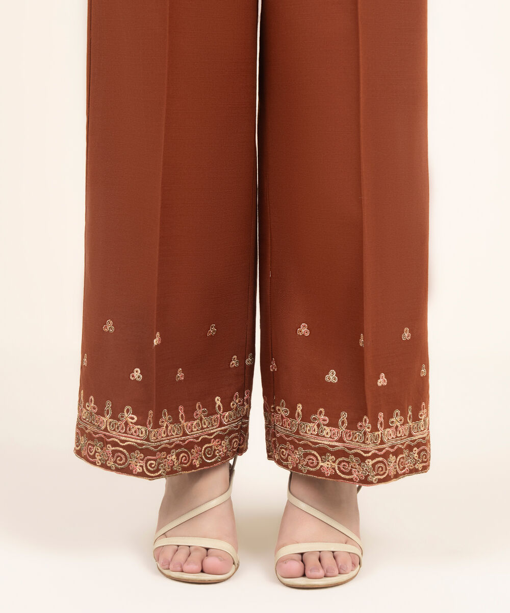 Women's RTW Khaddar Embroidered Brown Culottes