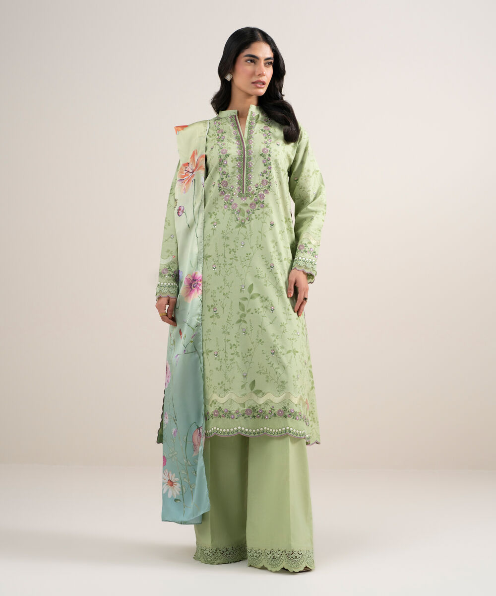 Women's Unstitched Lawn Embroidered Lime Green 3 Piece Suit