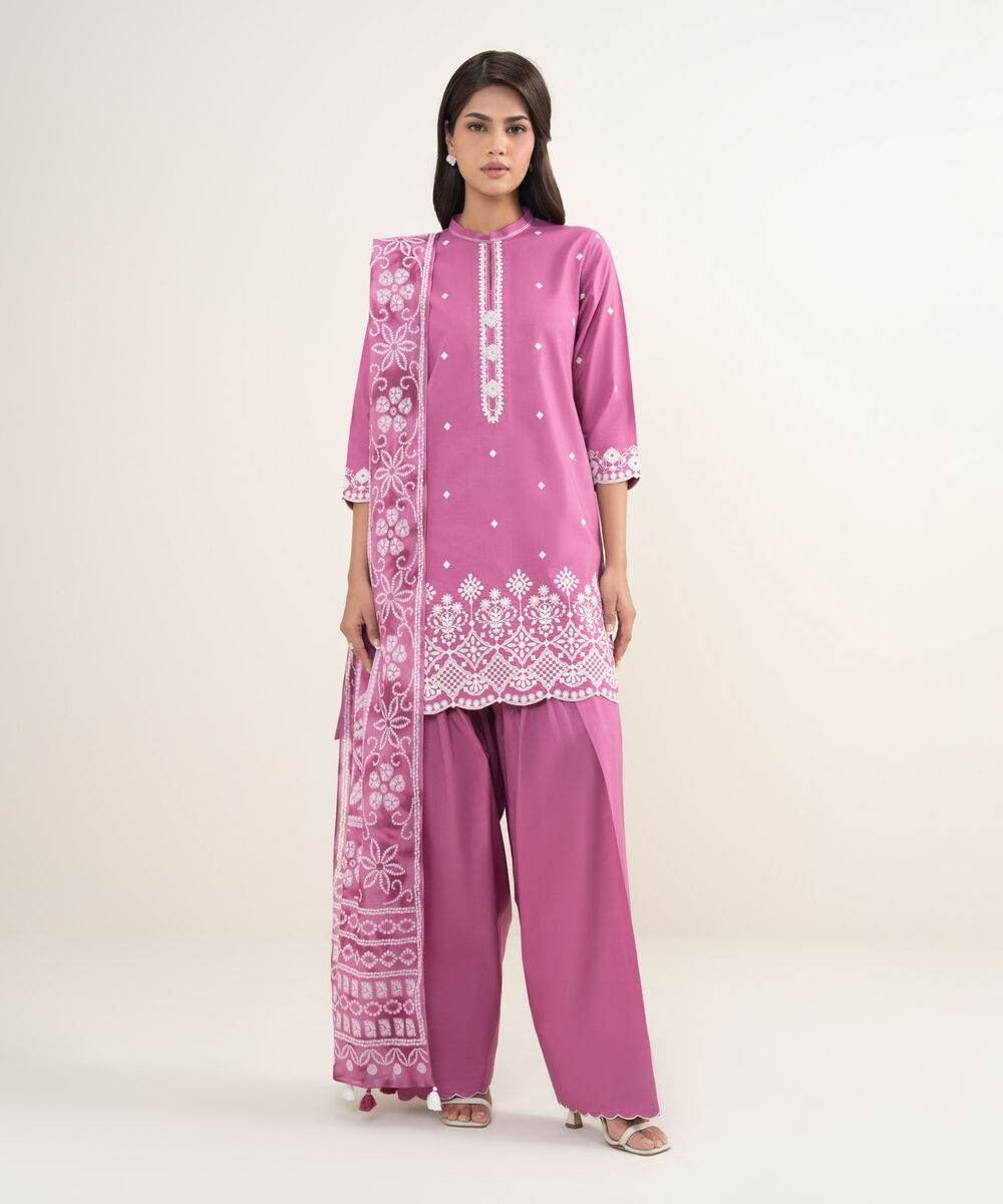 Women's Unstitched Lawn Embroidered Pink 3 Piece Suit