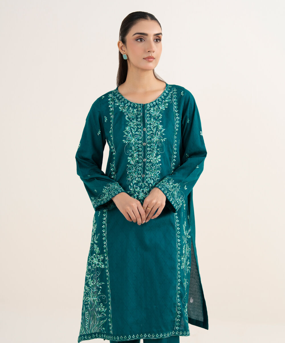 Women's RTW Cotton Embroidered Teal Straight Shirt