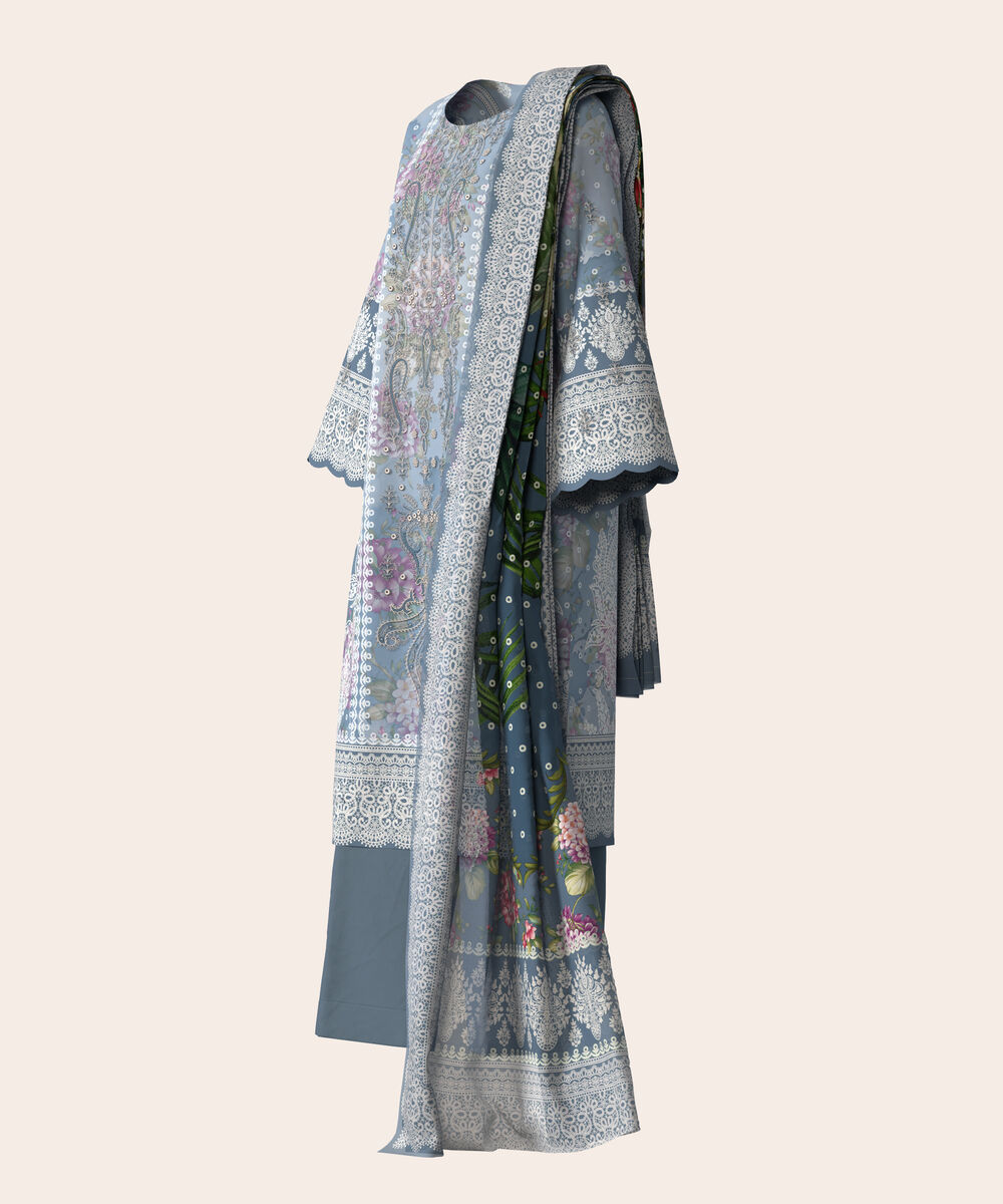 Women's Unstitched Lawn Blue  Embroidered 3 Piece Suit