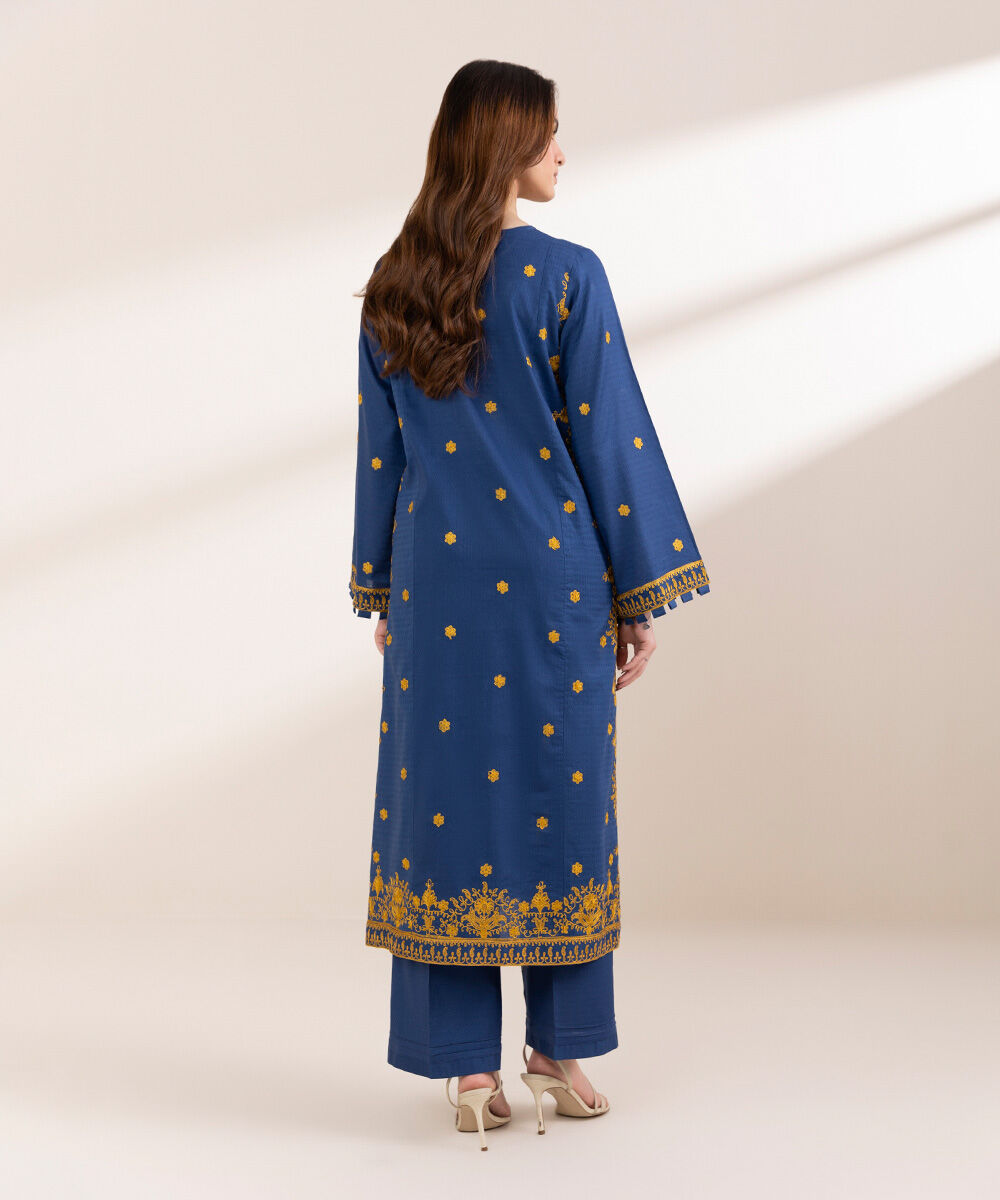 Women's Pret Dobby Blue Embroidered A-Line Shirt