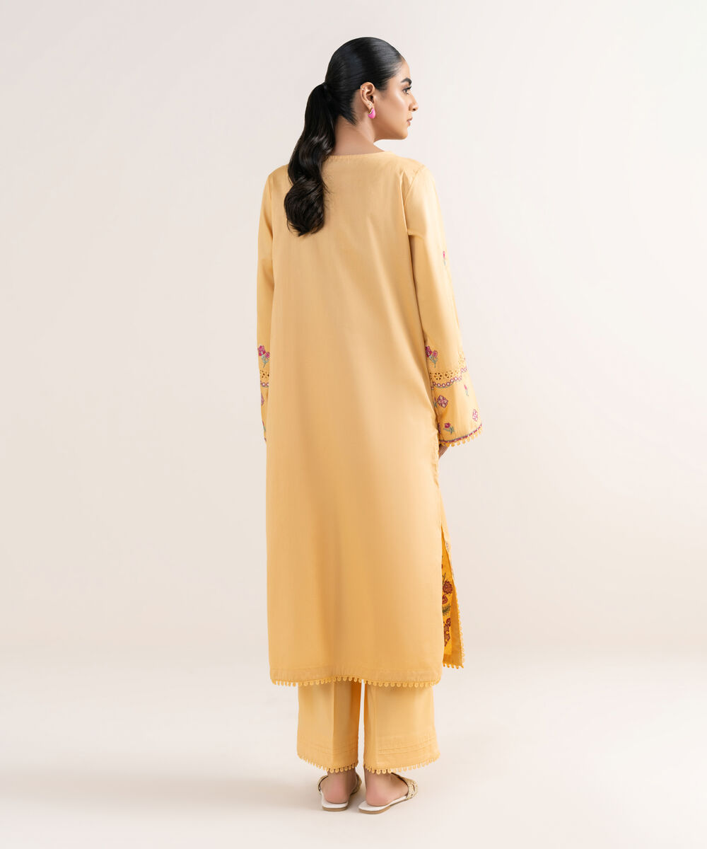 Women's RTW Cotton Satin Orange Embroidered A-Line Shirt