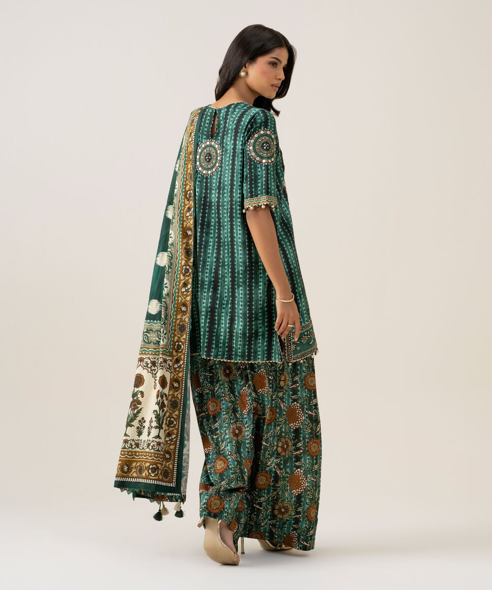 Women's Unstitched Linen Printed Green 3 Piece Suit