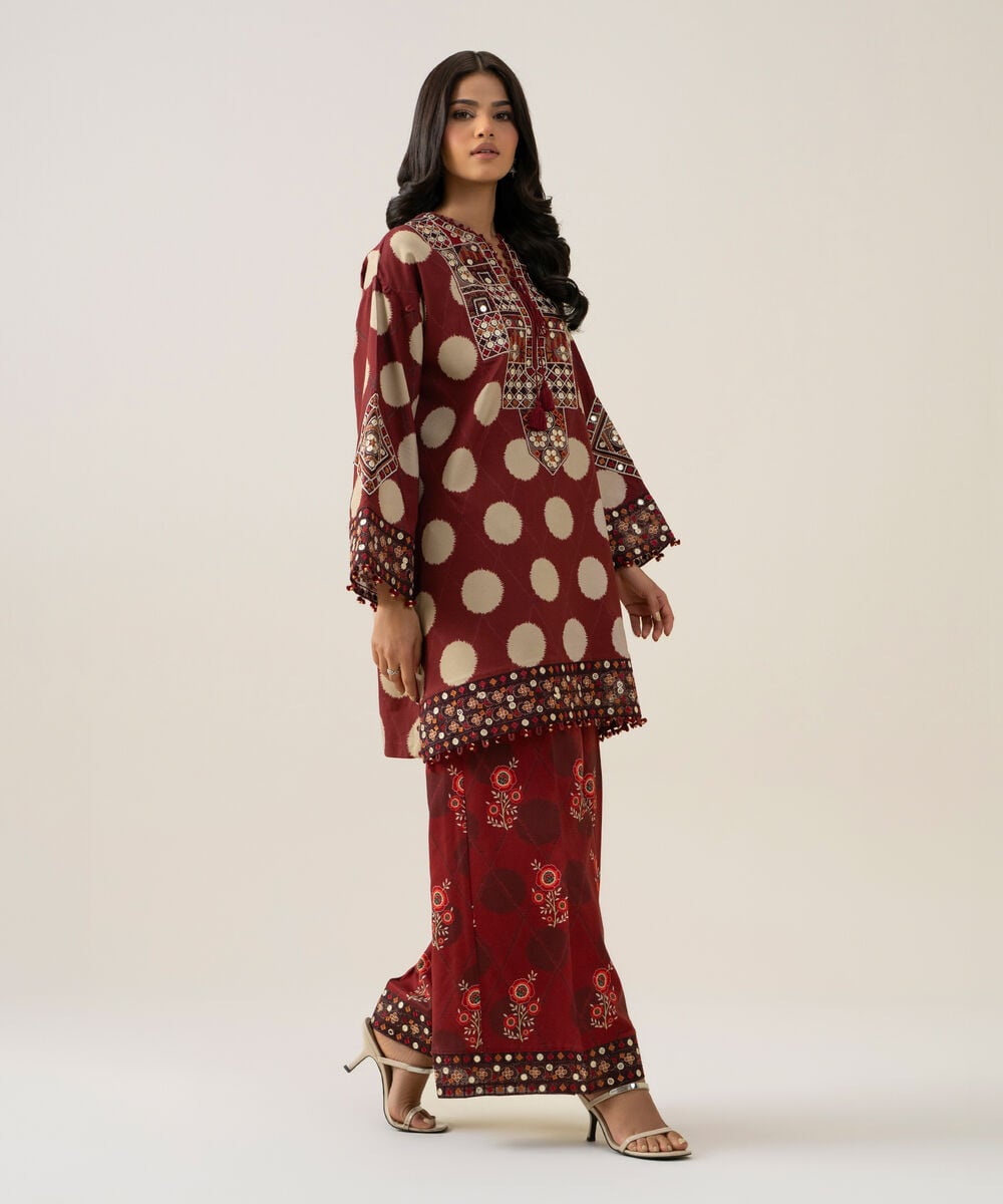 Women's Unstitched Linen Embroidered Maroon 2 Piece Suit