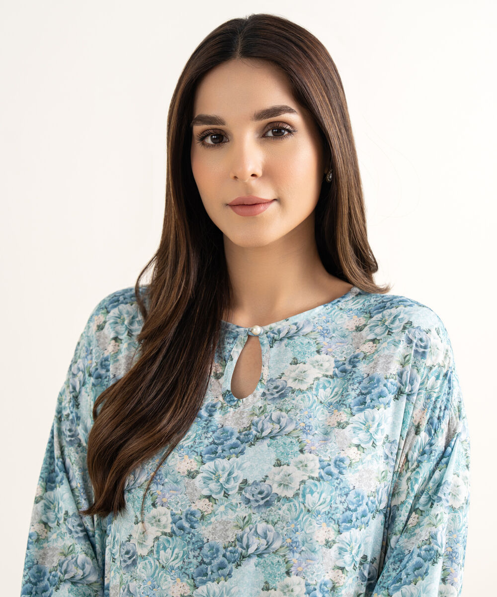 Women's RTW Arabic Lawn Blue Printed Straight Shirt
