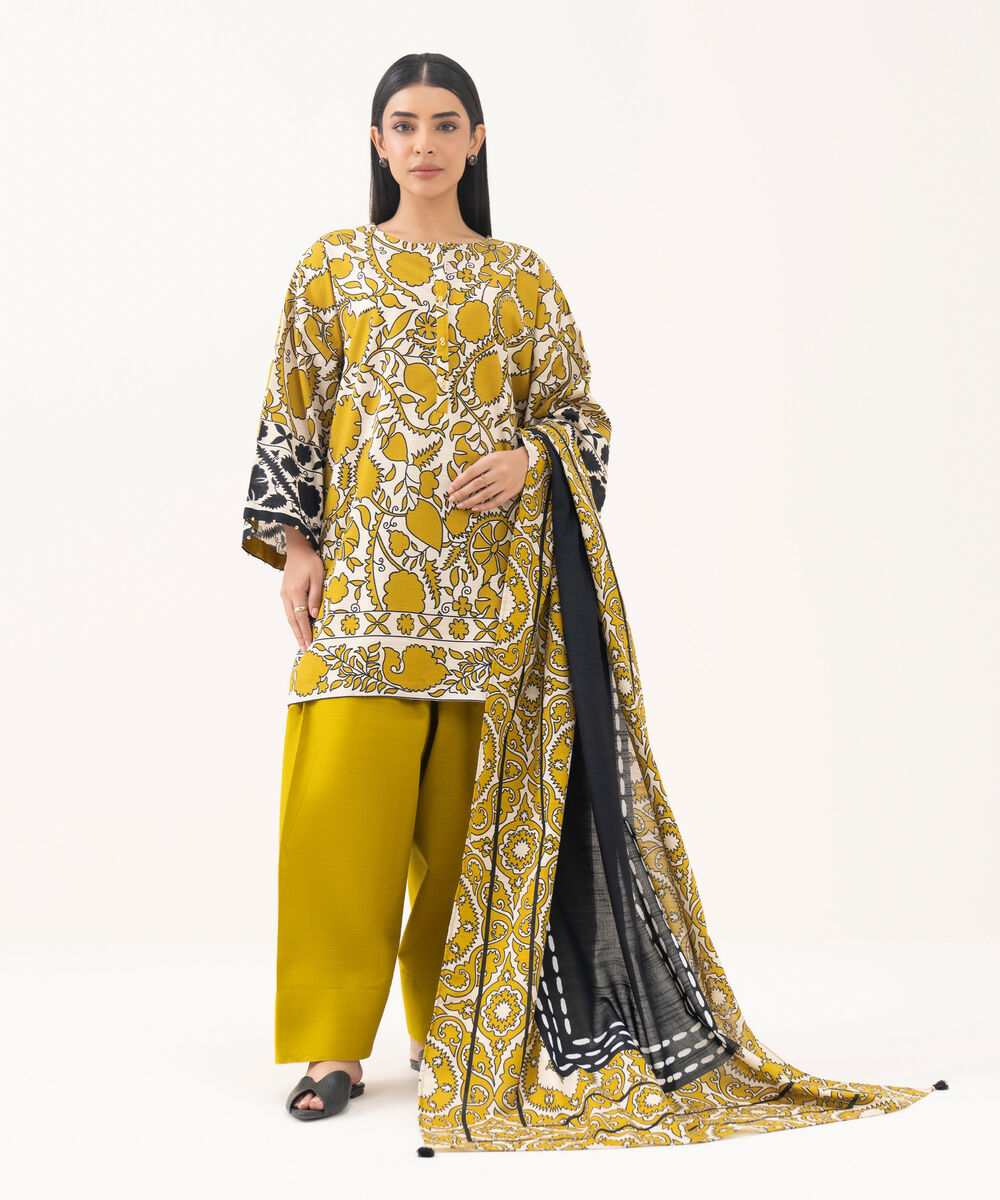 Women's RTW Light Khaddar Printed Green Drop Shoulder Shirt