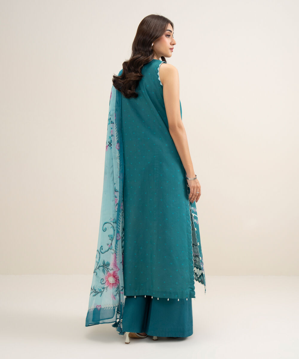 Women's Unstitched Lawn Embroidered Teal Green 3 Piece Suit