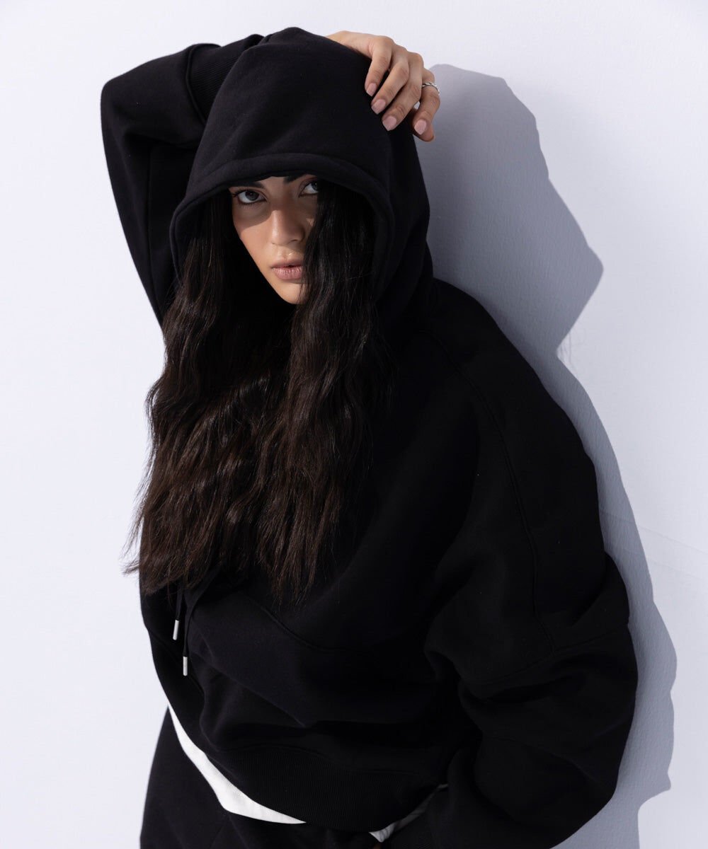 Woman - Black Fleece Hoodie with Waist Panel