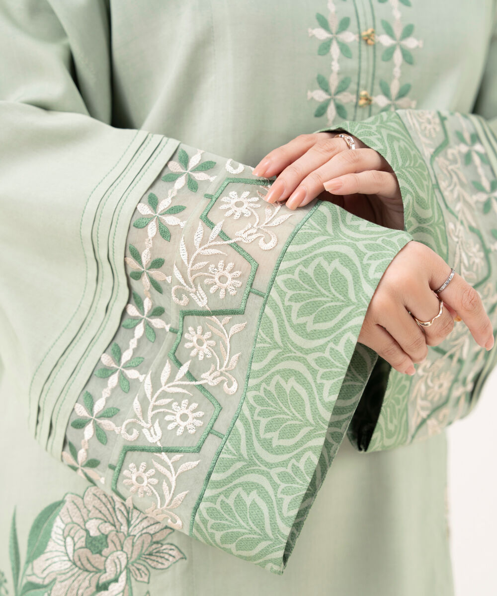 Women's Unstitched Linen Embroidered Green 2 Piece Suit