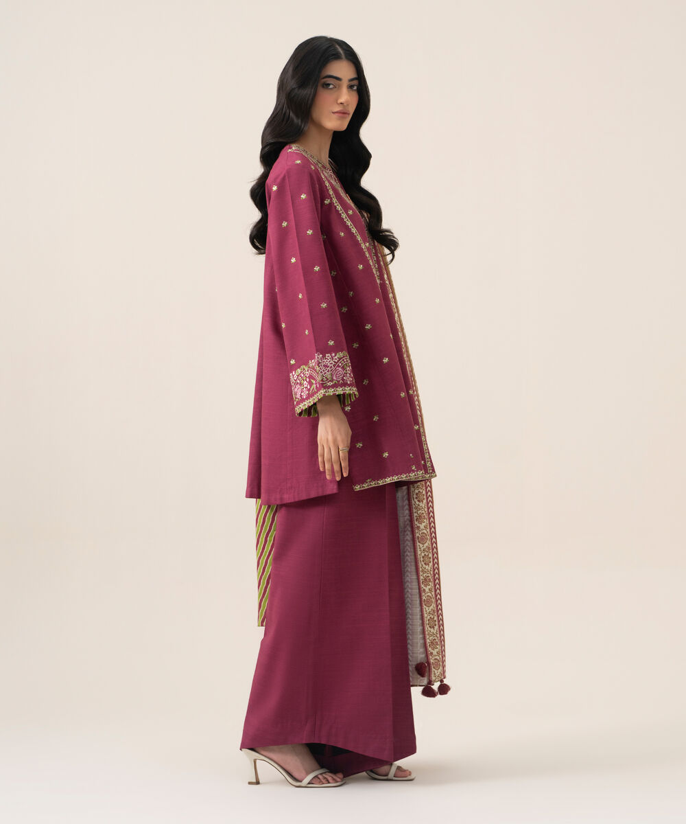 Women's Unstitched Basic Khaddar Embroidered Pink 3 Piece Suit