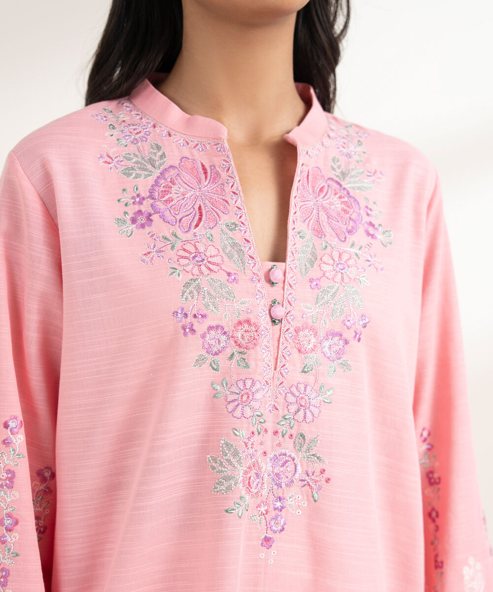 Women's RTW Khaddar Embroidered Pink 3 Piece Suit