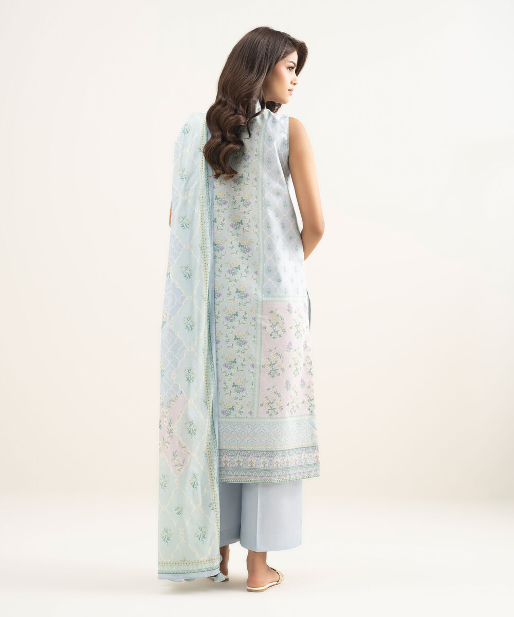 Women's Unstitched Lawn Printed Blue 3 Piece Suit