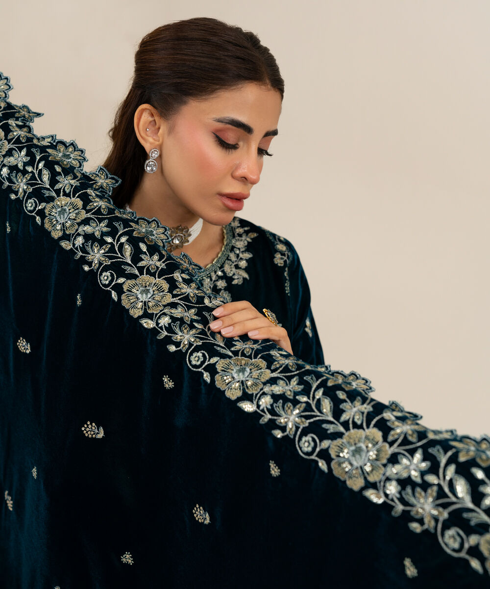 Women's Unstitched Velvet Embroidered Dark Blue 3 Piece Suit