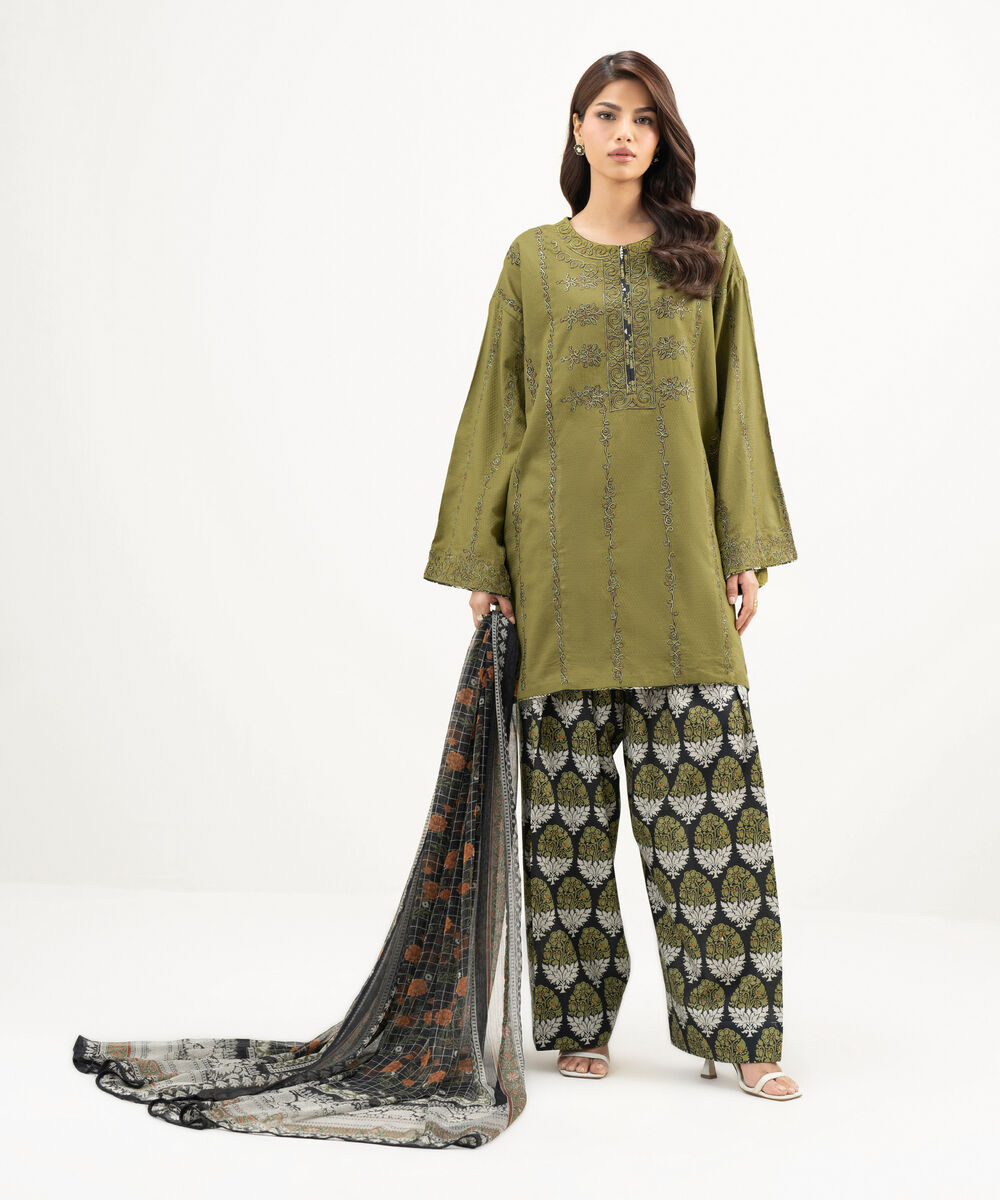 Women's RTW Dobby Embroidered Dark Green 3 Piece Suit