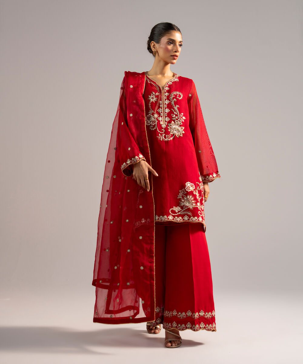 Women's RTW Khaddi Net Embroidered Red 3 Piece Suit