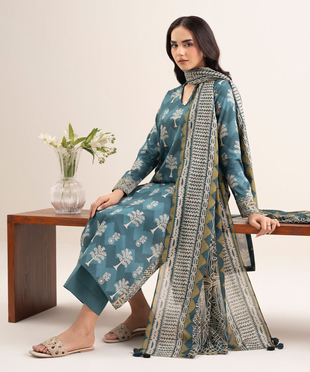 Women's Unstitched Lawn Printed Blue 3 Piece Suit
