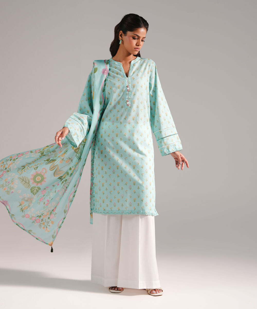 Women's RTW Dobby Printed Blue 2 Piece Suit