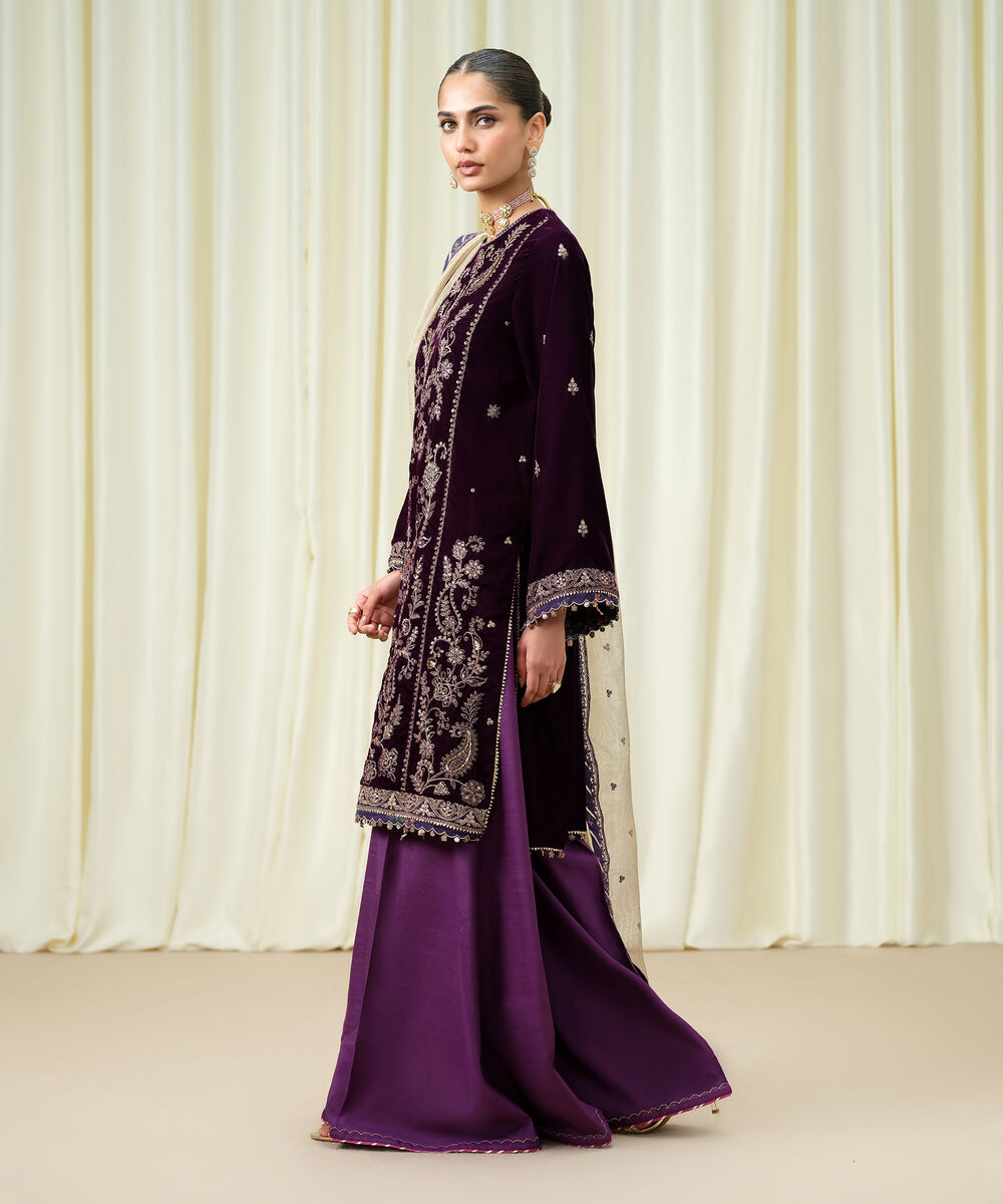 Women's Unstitched Velvet Embroidered Purple 3 Piece Suit
