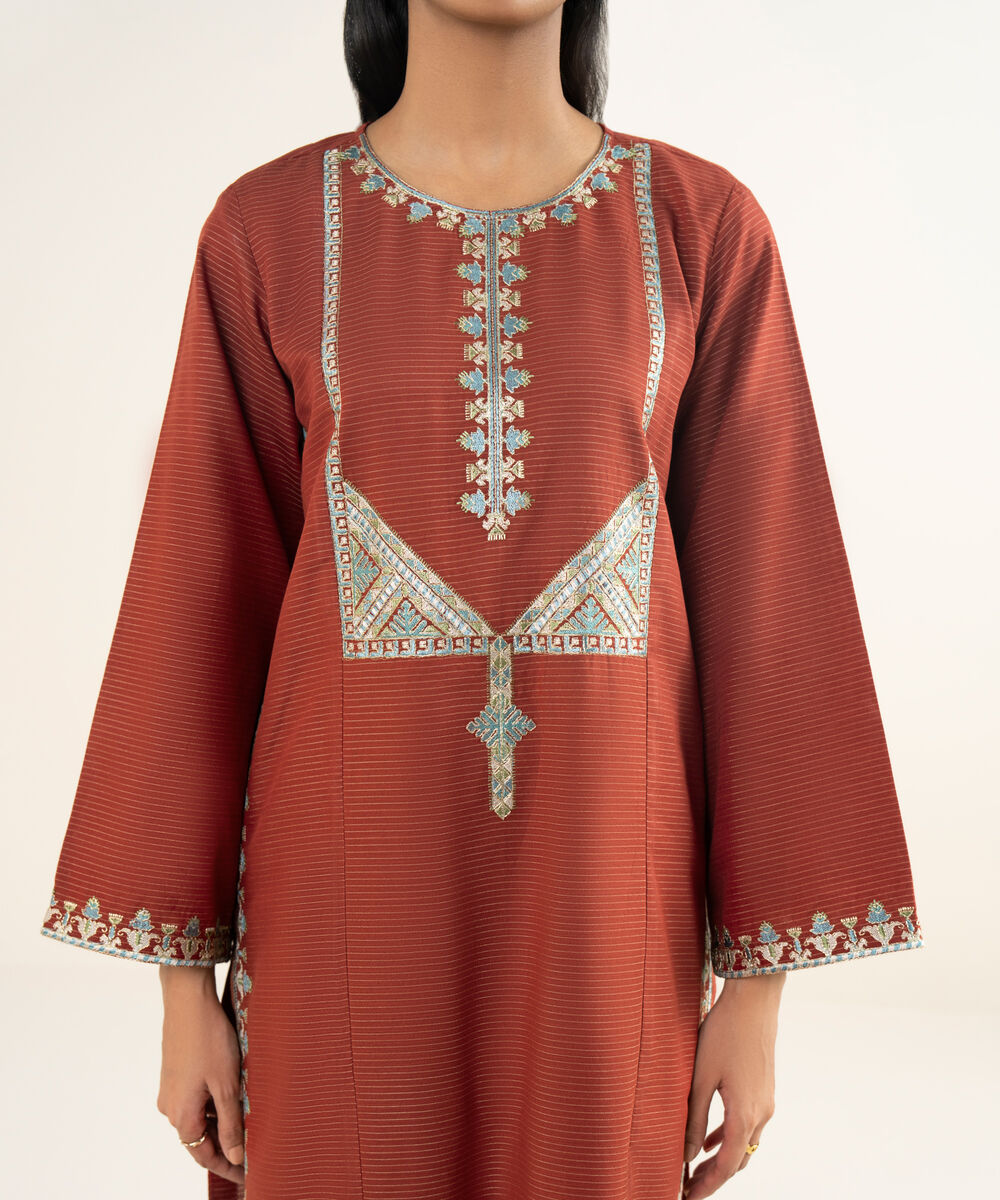 Women's RTW Light Khaddar Embroidered A-Line Rust Shirt
