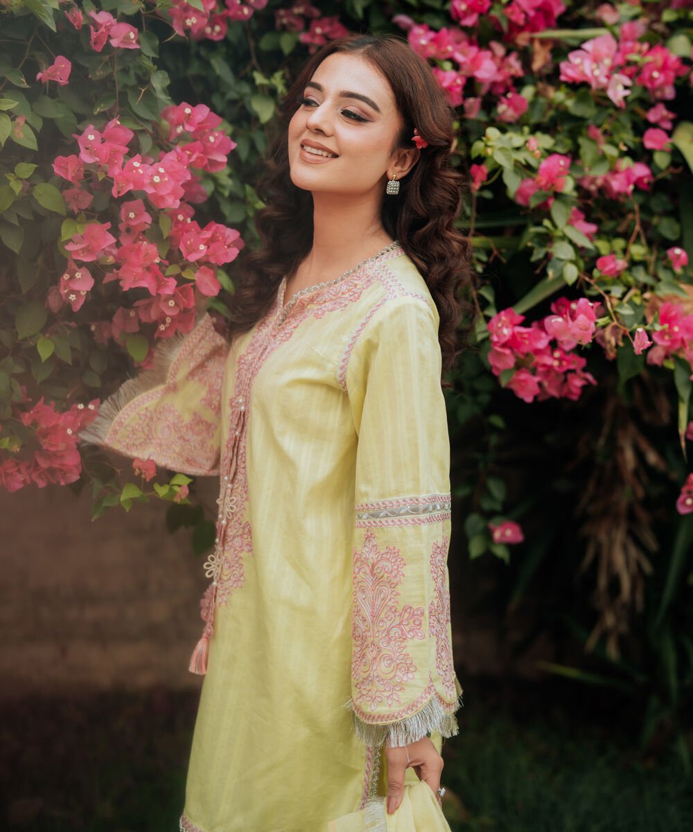 Women's RTW Leno Kara Embroidered Lime Yellow 3 Piece Suit