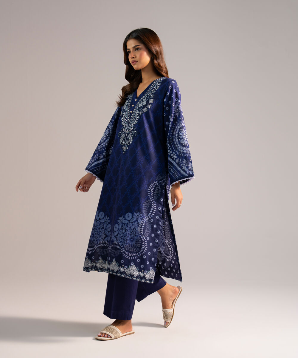 Women's RTW Dobby Embroidered Dark Blue 2 Piece Suit