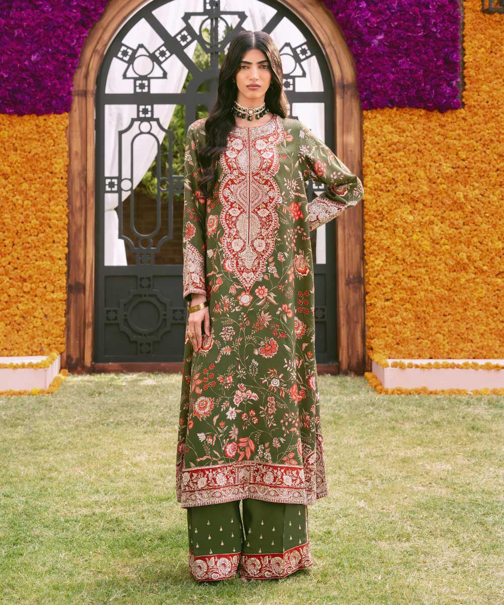 Women's RTW Viscose Raw Silk Green Embroidered Two Piece Suit