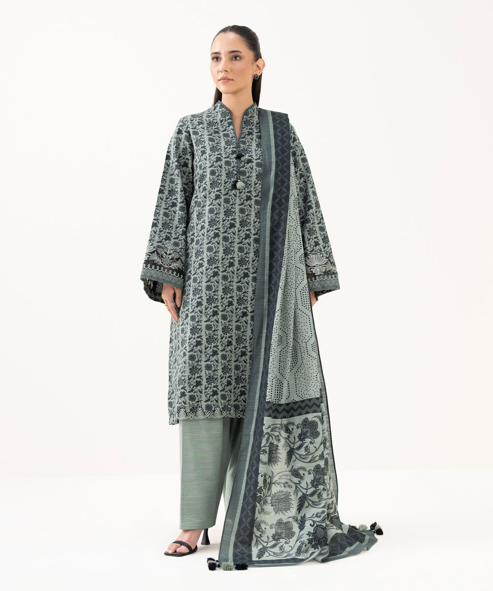Women's Unstitched Light Khaddar Embroidered Grey 3 Piece Suit