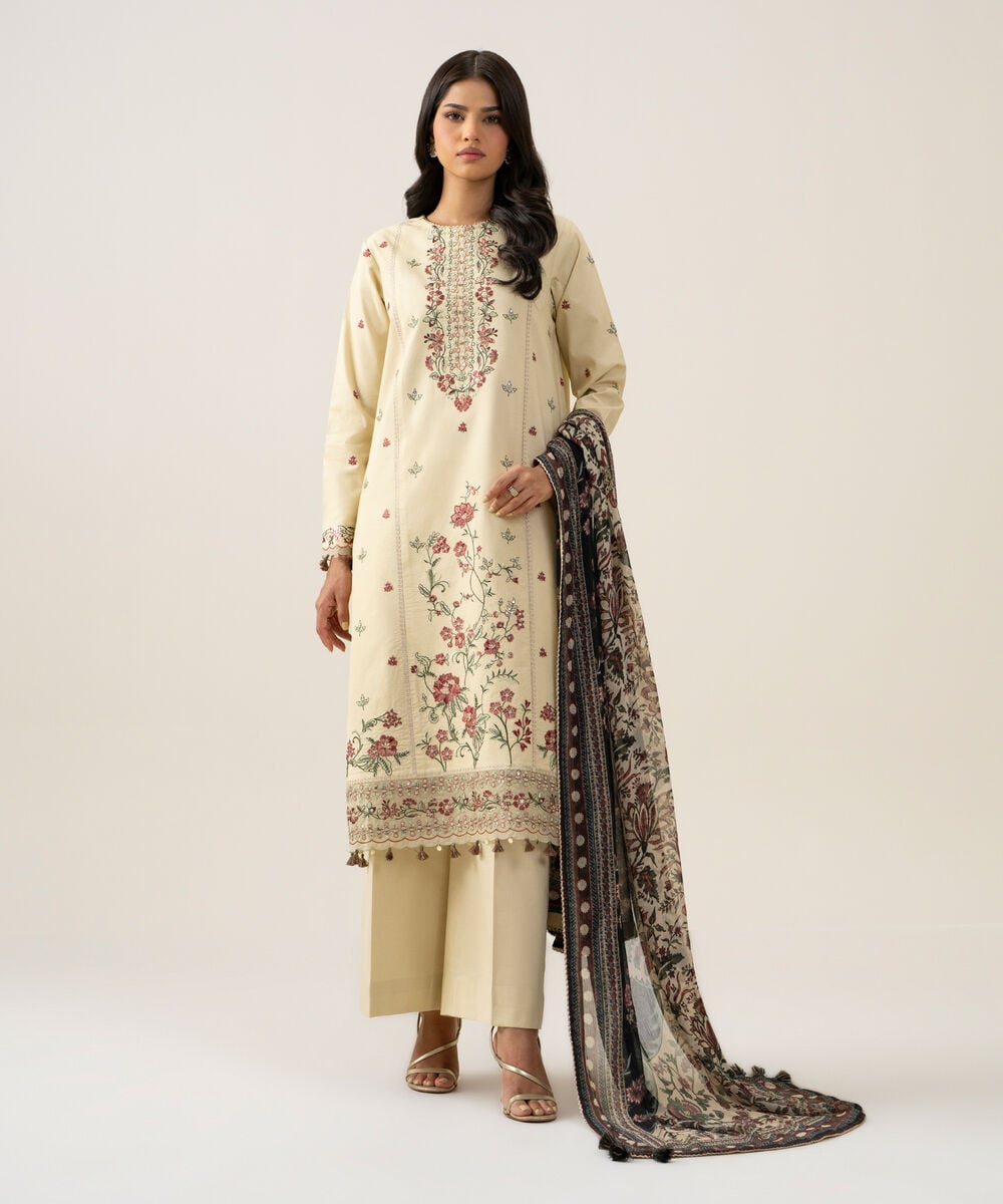Women's Unstitched Bemberg Tissue Embroidered Beige 3 Piece Suit
