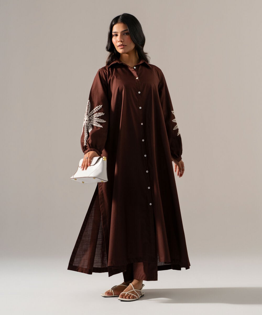 Women's RTW Cross Hatch Solid Embroidered Brown A-Line Shirt