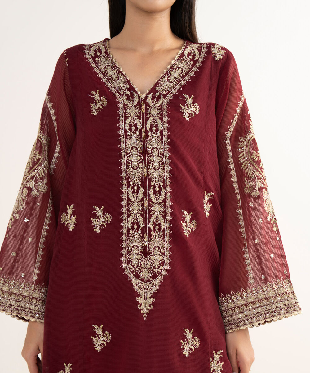 Women's RTW Blended Textured Karandi Maroon Embroidered 3 Piece Suit