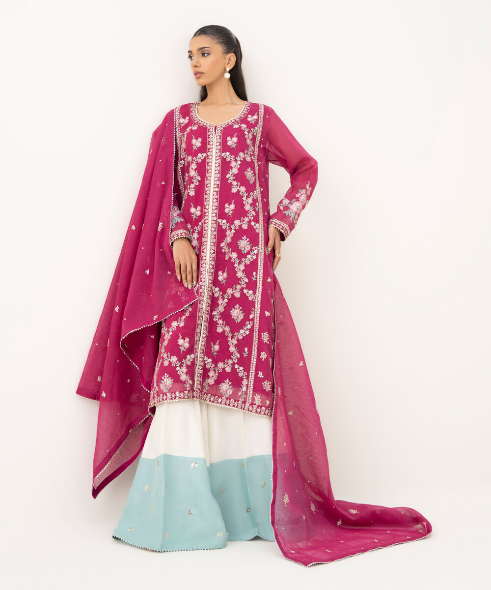 Women's RTW Blended Textured Karandi Embroidered Pink Three Piece Suit