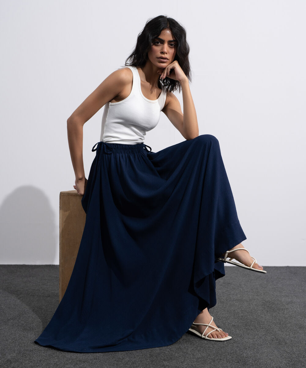 Women's Blue Smocked Skirt With Tie Detail