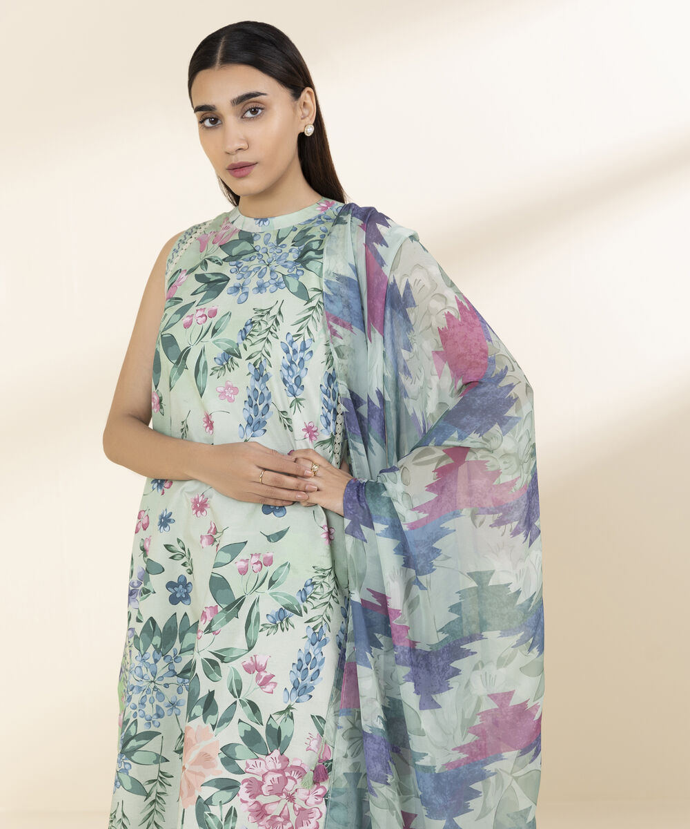 Unstitched Women's Green Lawn 3 Piece Suit