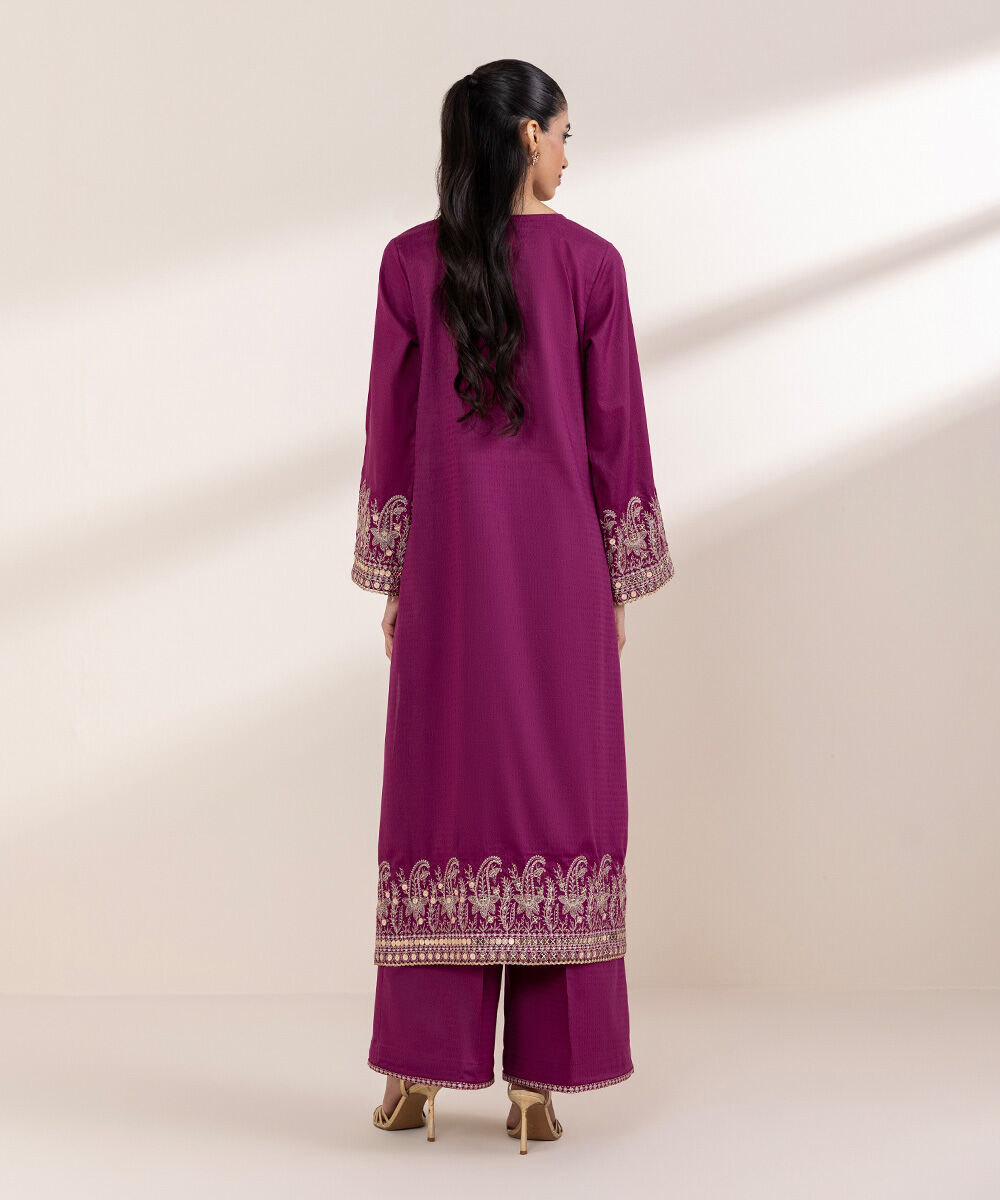 Women's RTW Dobby Purple Embroidered A-Line Shirt