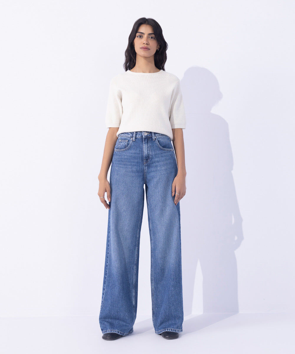 Woman - Blue Wide Leg Jeans with Side Panel