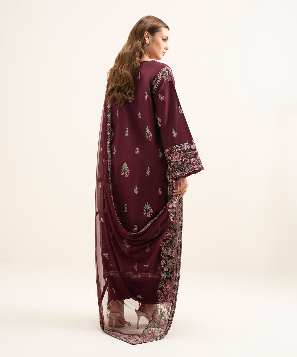 Women's Unstitched Fine Cotton Satin Embroidered Red 3 Piece Suit