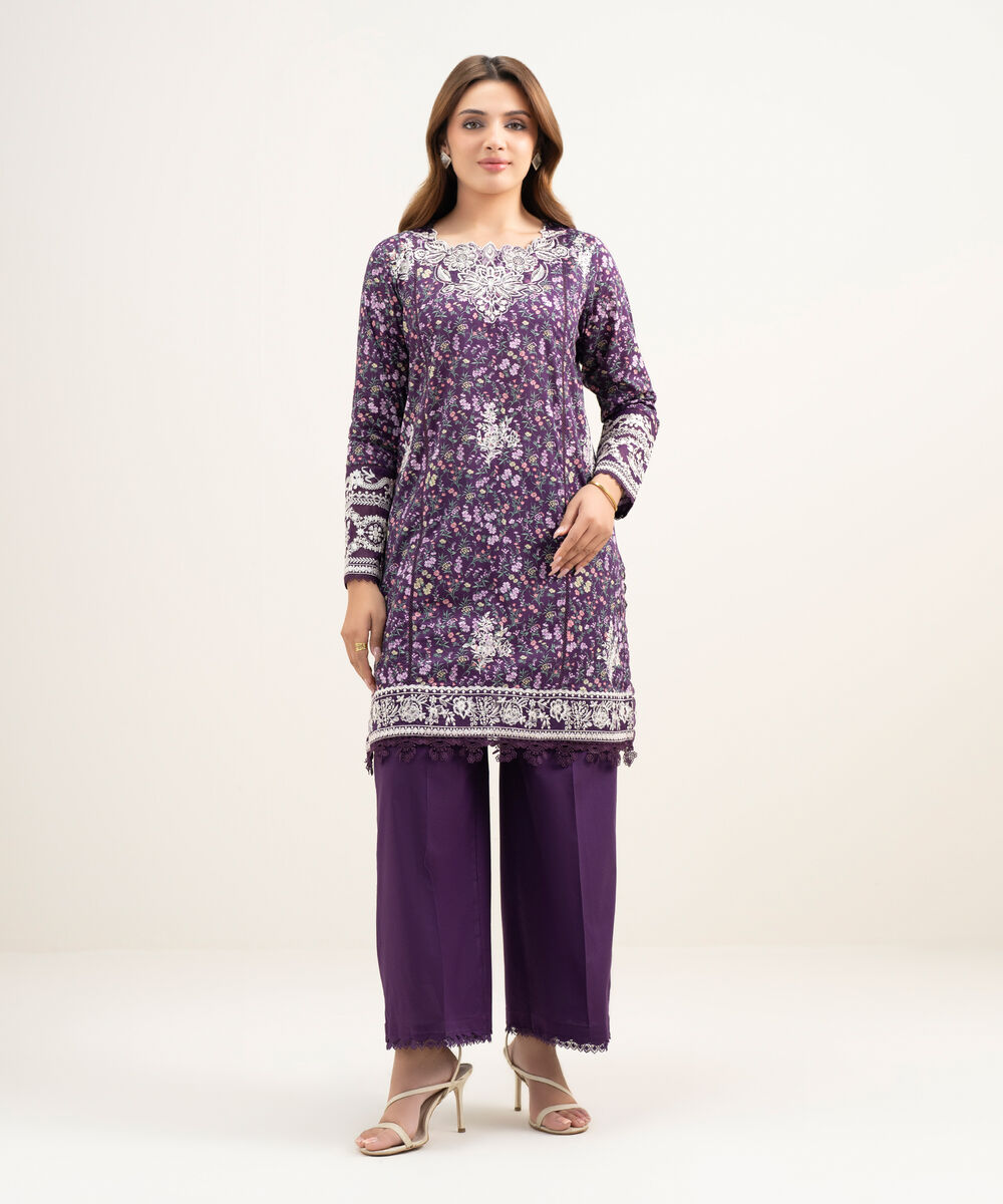 Women's RTW Lawn Embroidered Purple Straight Shirt