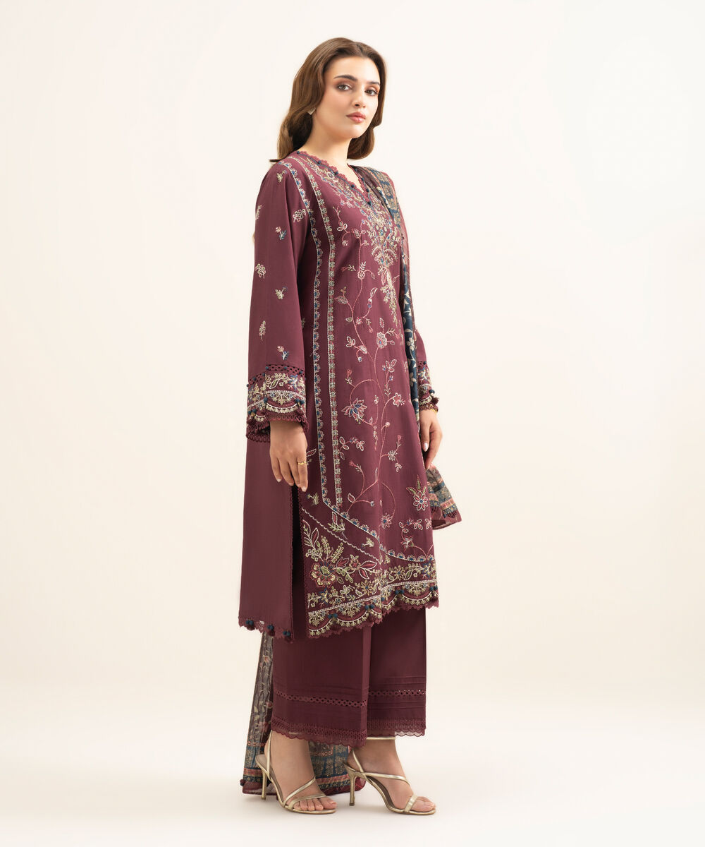 Women's Unstitched Cotton Embroidered Maroon 3 Piece Suit